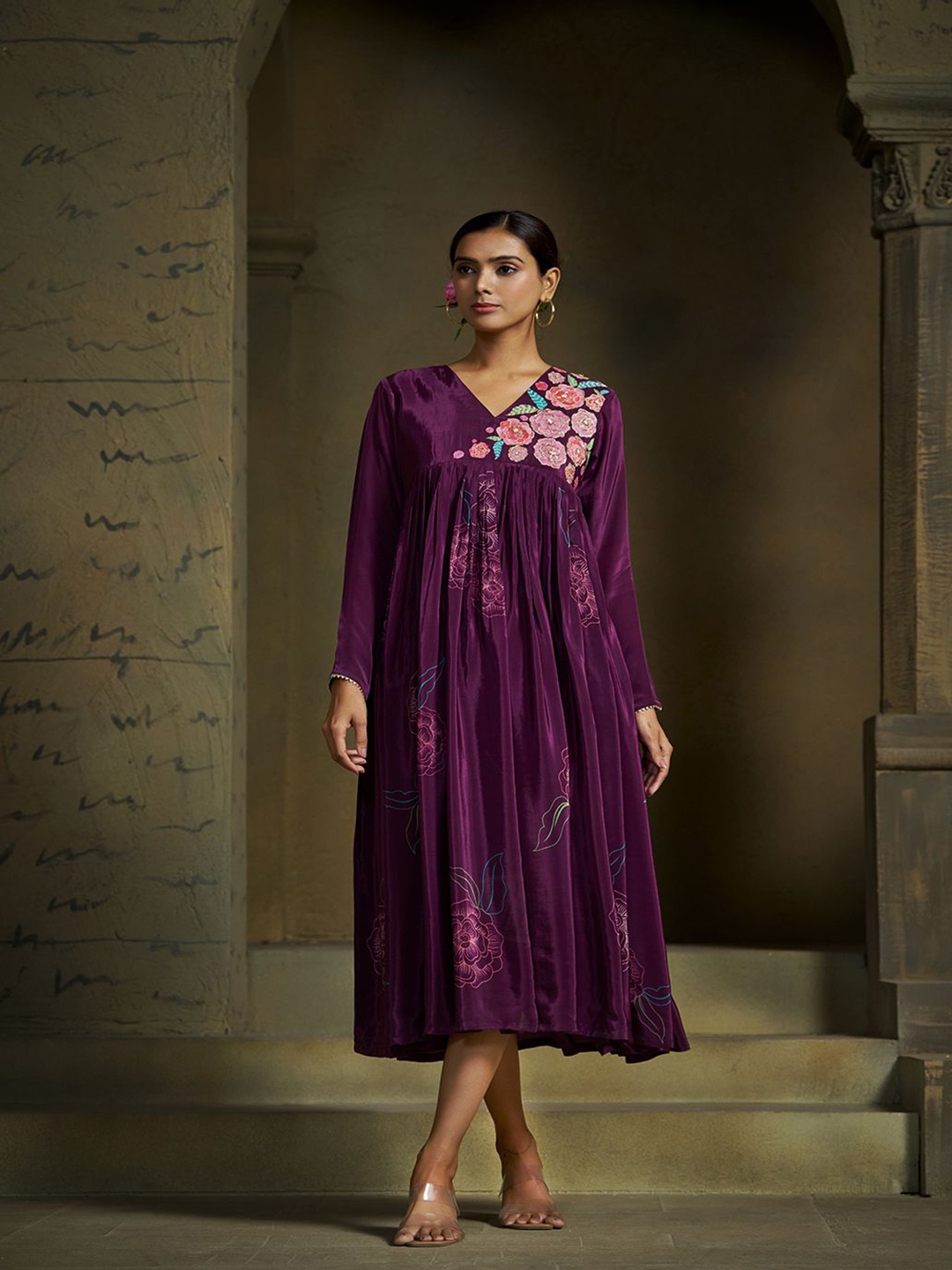 

SUKRUTI DESIGN Embroidered Empire Midi Ethnic Dress, Purple