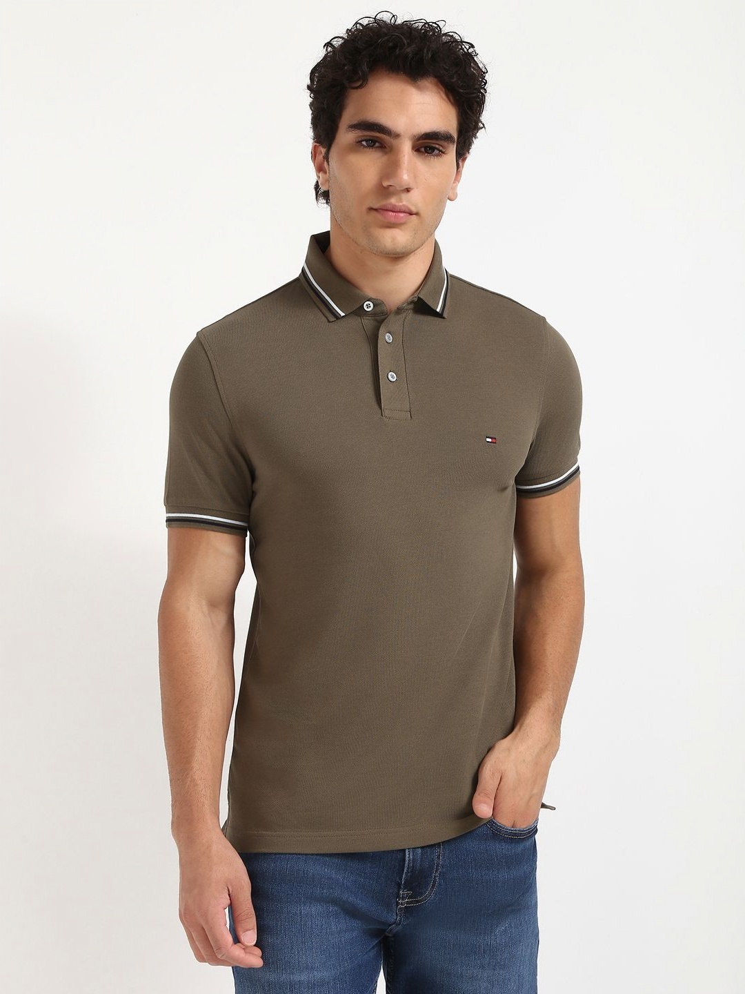 

Tommy Hilfiger Men Solid Polo Collar Slim Fit Cotton T-shirt, Brown
