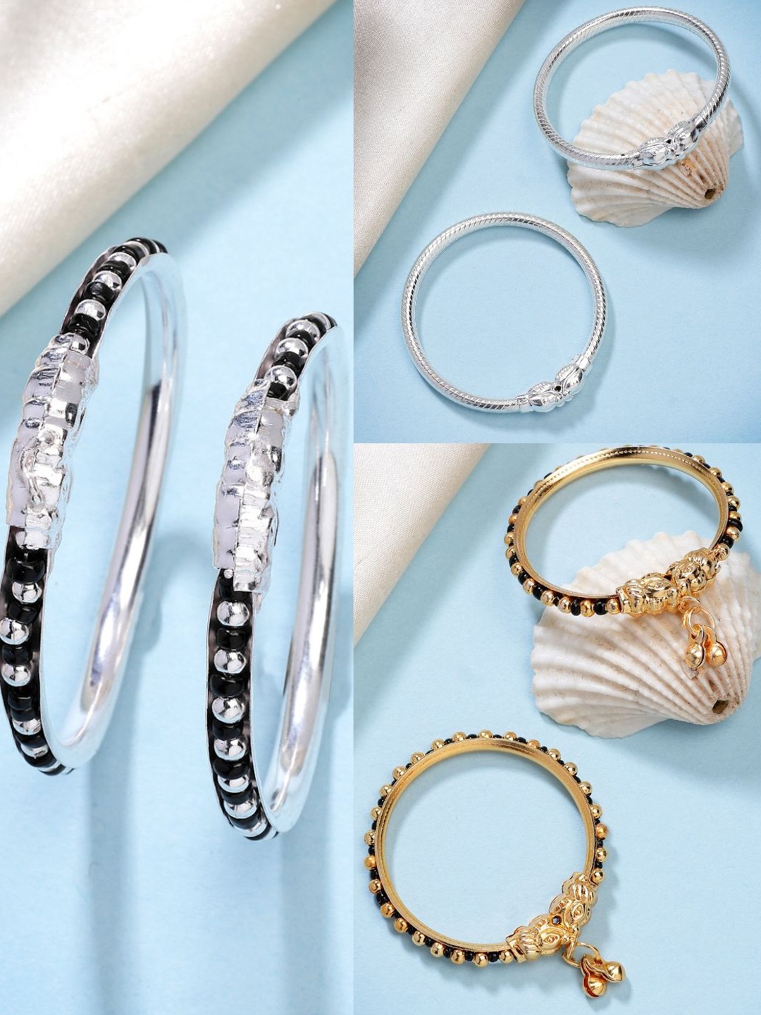 

NVR Kids Pair of 3 Rhodium-Plated Artificial Beads Nazariya Kada Bracelet, Silver