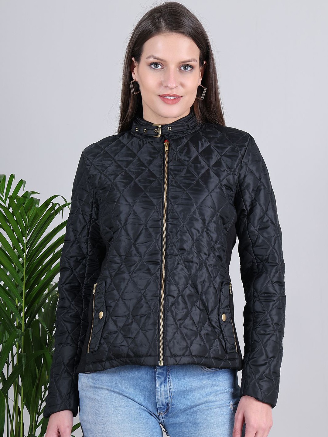 

WESTCLO Women Mandarin Collar Solid Casual Quilted Jacket, Black