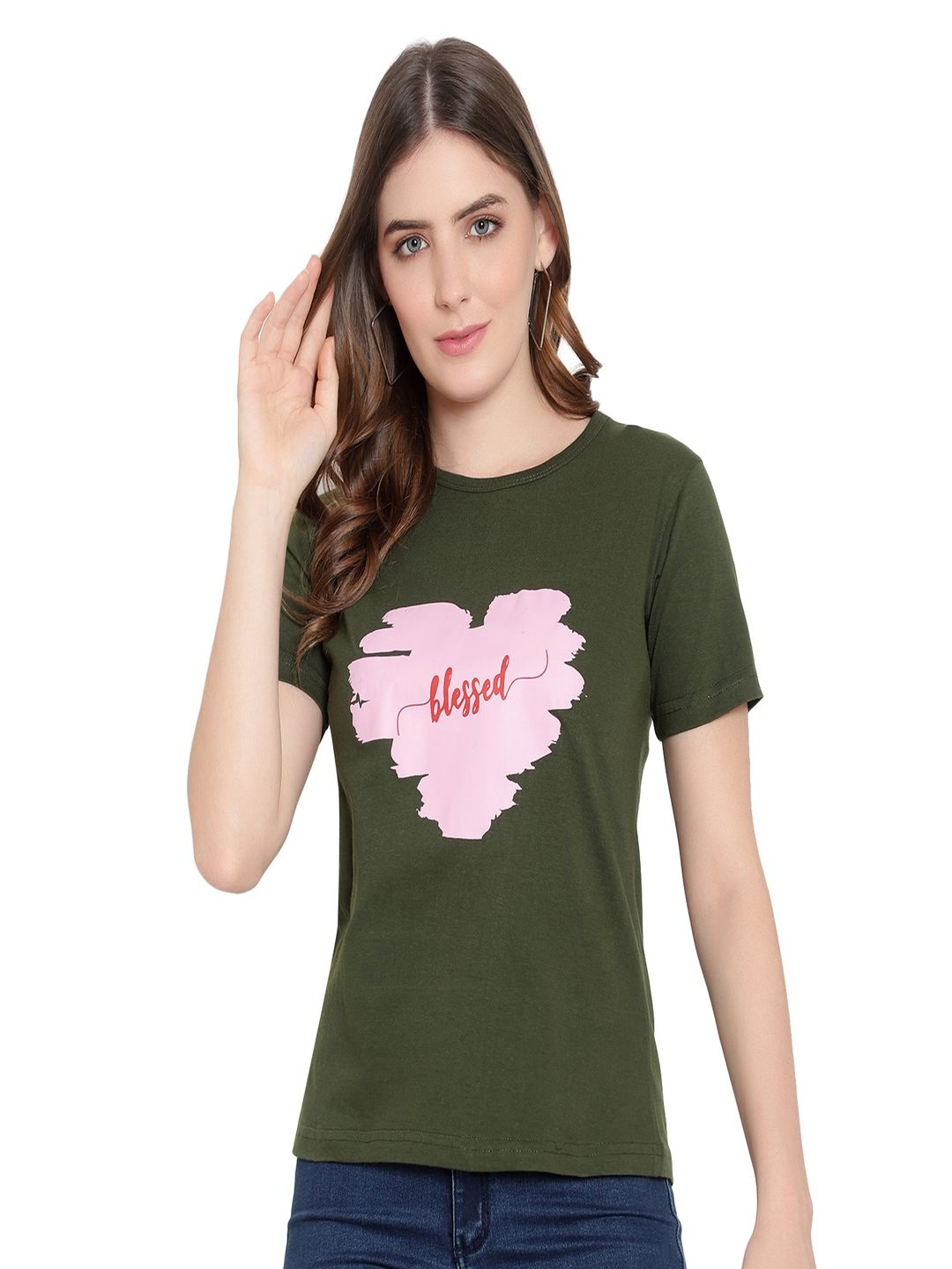 

DEEPMAYRA COLLECTION Women Typography Printed Round Neck Cotton T-shirt, Olive