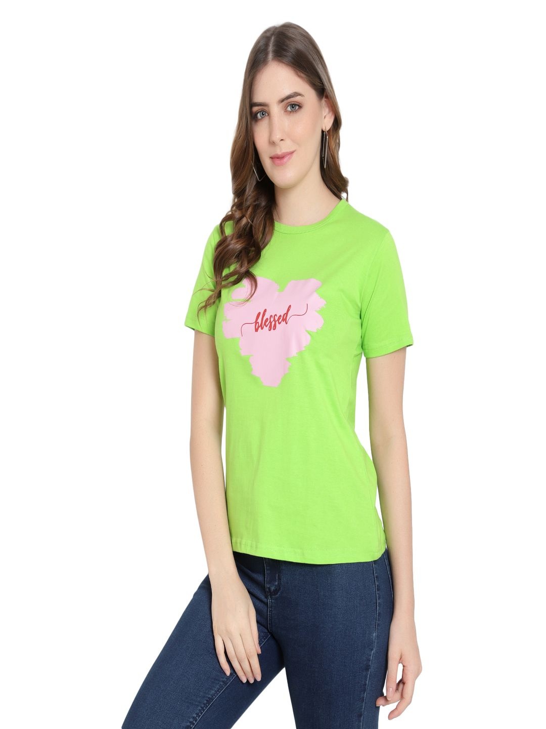 

DEEPMAYRA COLLECTION Women Typography Printed Round Neck Cotton T-shirt, Green