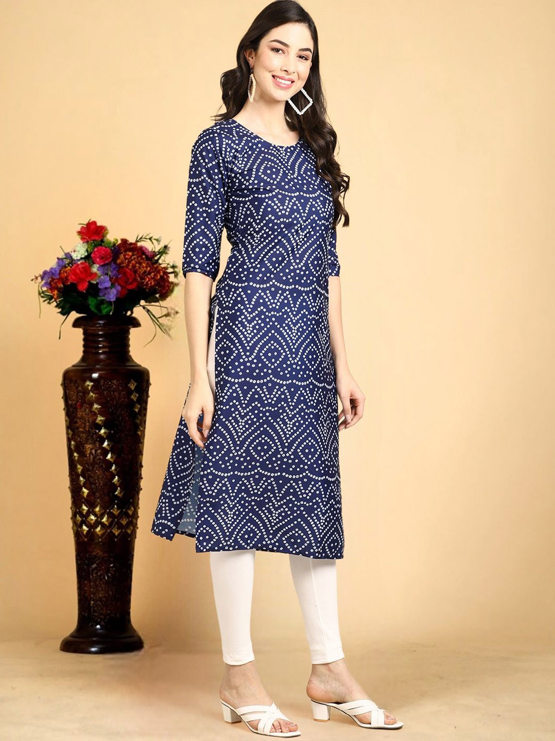 

7Threads Bandhani Printed Straight Kurta, Blue