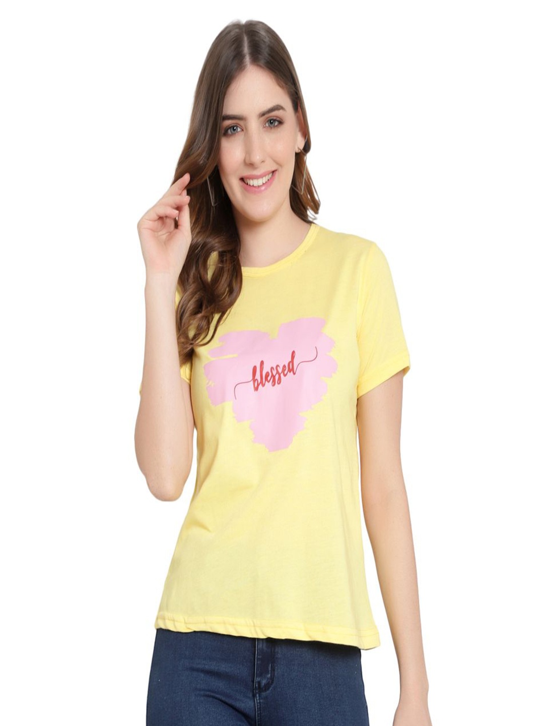 DEEPMAYRA COLLECTION Women Typography Printed Round Neck Cotton T-shirt, Yellow
