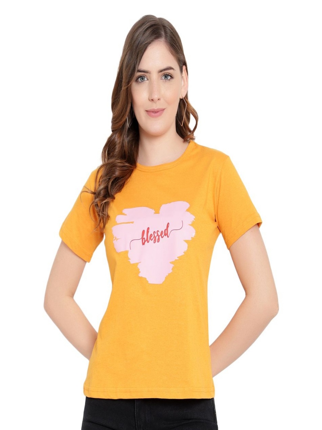 

DEEPMAYRA COLLECTION Women Typography Printed Round Neck Cotton T-shirt, Orange