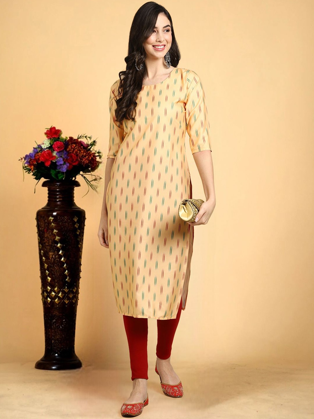 

7Threads Geometric Printed Round Neck Straight Kurta, Yellow