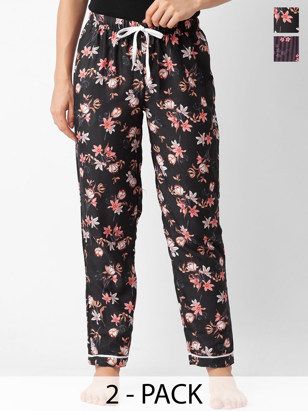 

NOIRA Women Pack Of 2 Printed Mid-Rise Lounge Pants, Black