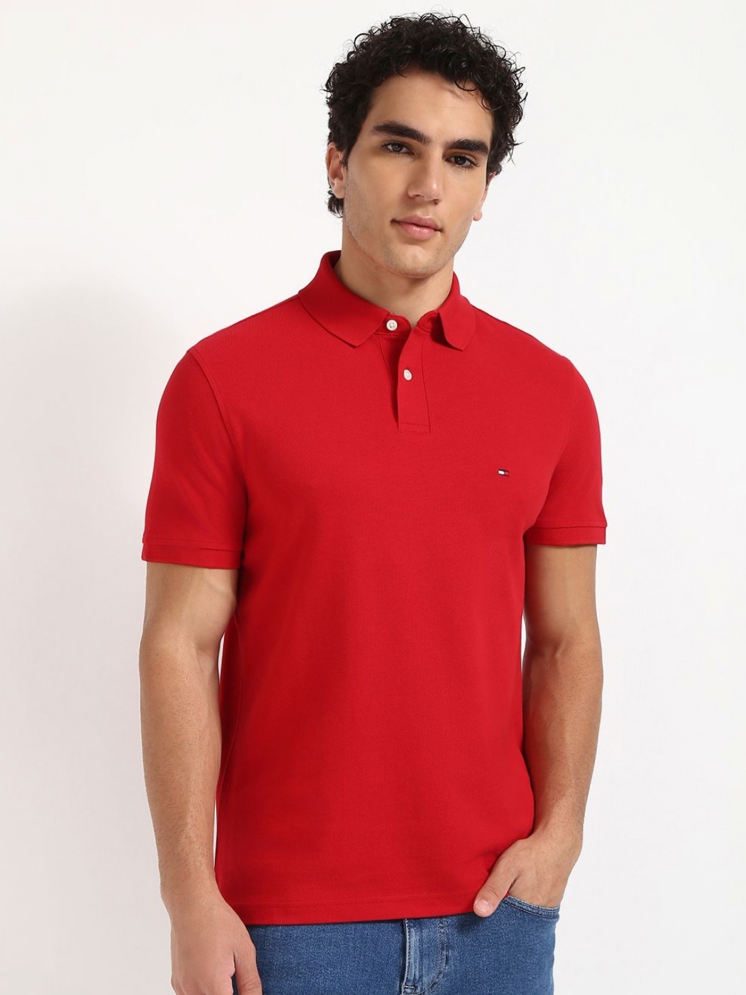 

Tommy Hilfiger Men Solid Polo Collar Cotton T-shirt, Red