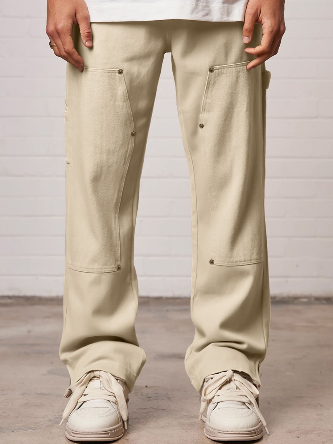 Maniac Men Baggy Fit Cotton Track Pants, Beige