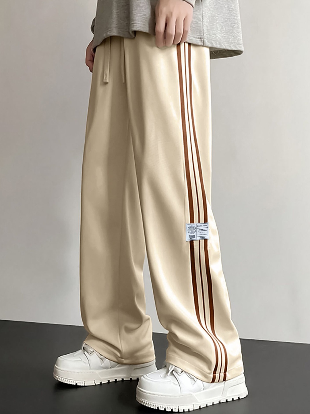 Maniac Men Striped Baggy Fit Cotton Track Pants, Beige