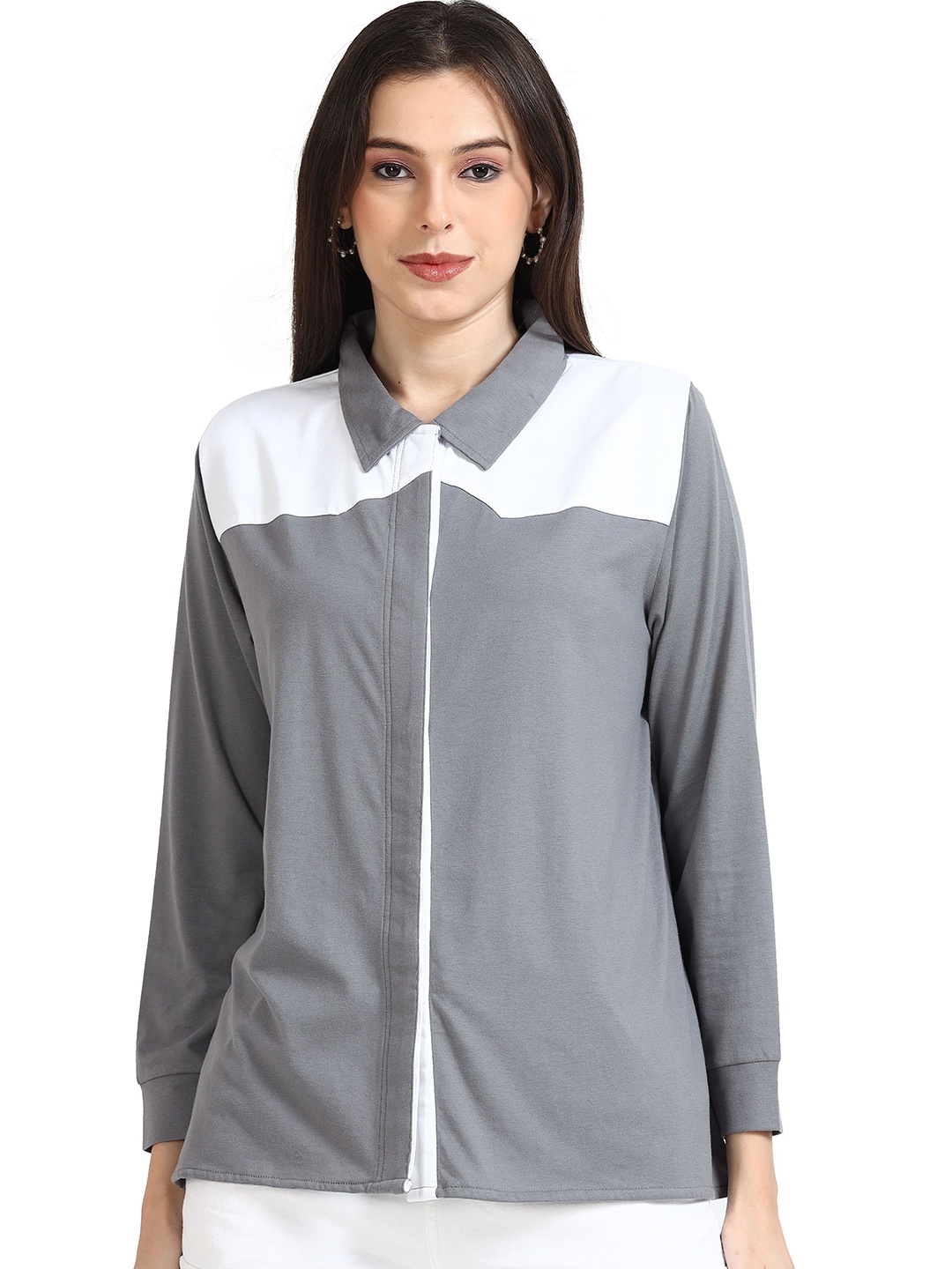 

ECOLINE Clothing Women Modern Fit Spread Collar Solid Casual Shirt, Grey