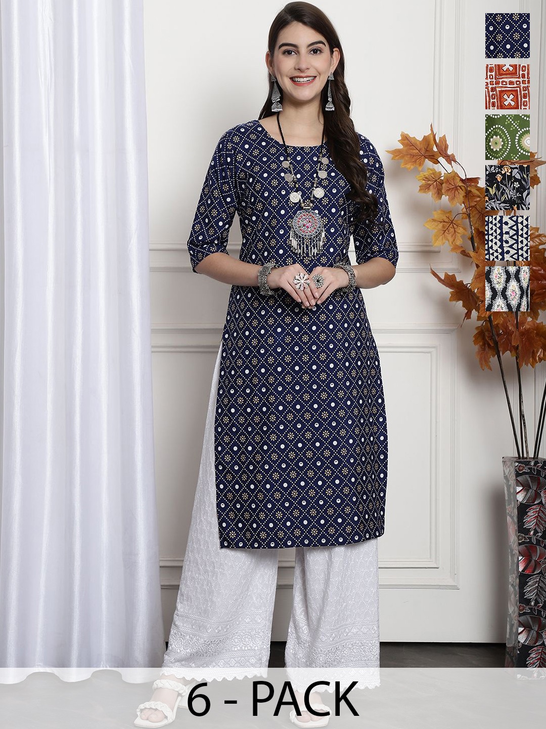 

7Threads Selections of 6 Floral Printed Round Neck Straight Kurtas, Blue