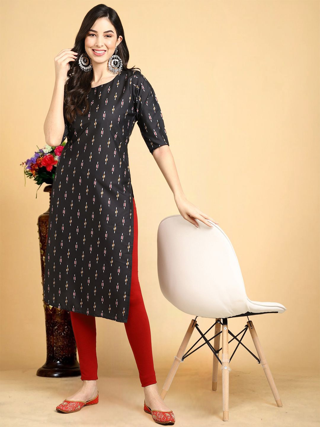 

7Threads Ethnic Motifs Printed Round Neck Straight Kurta, Black