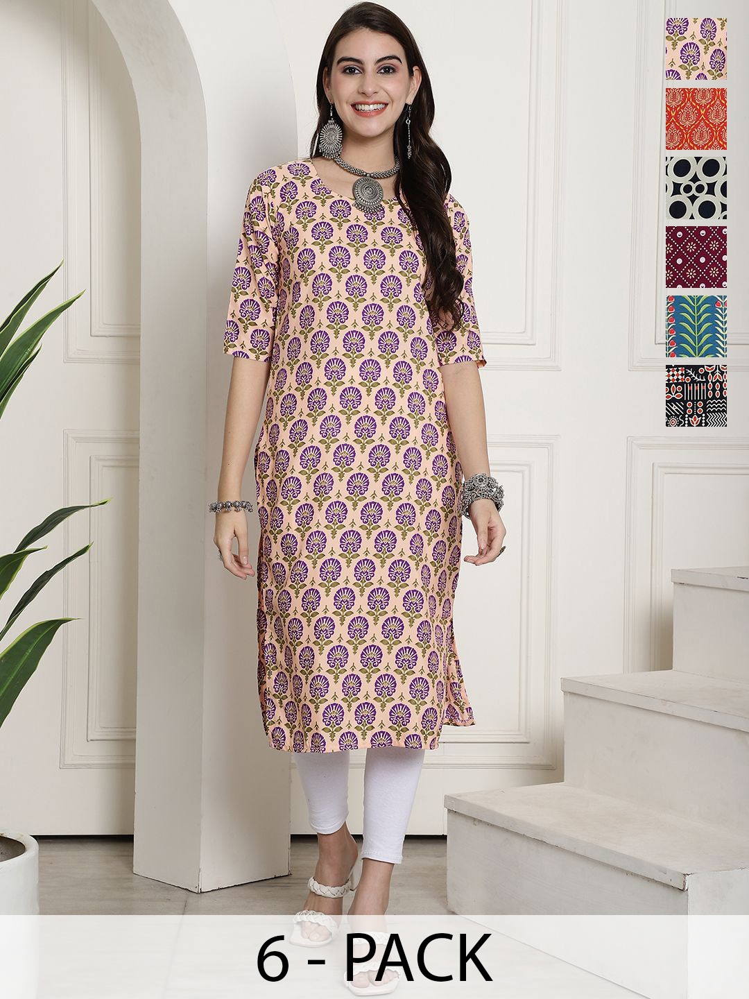 

7Threads Selections of 6 Ethnic Motifs Printed Round Neck Straight Kurtas, Beige