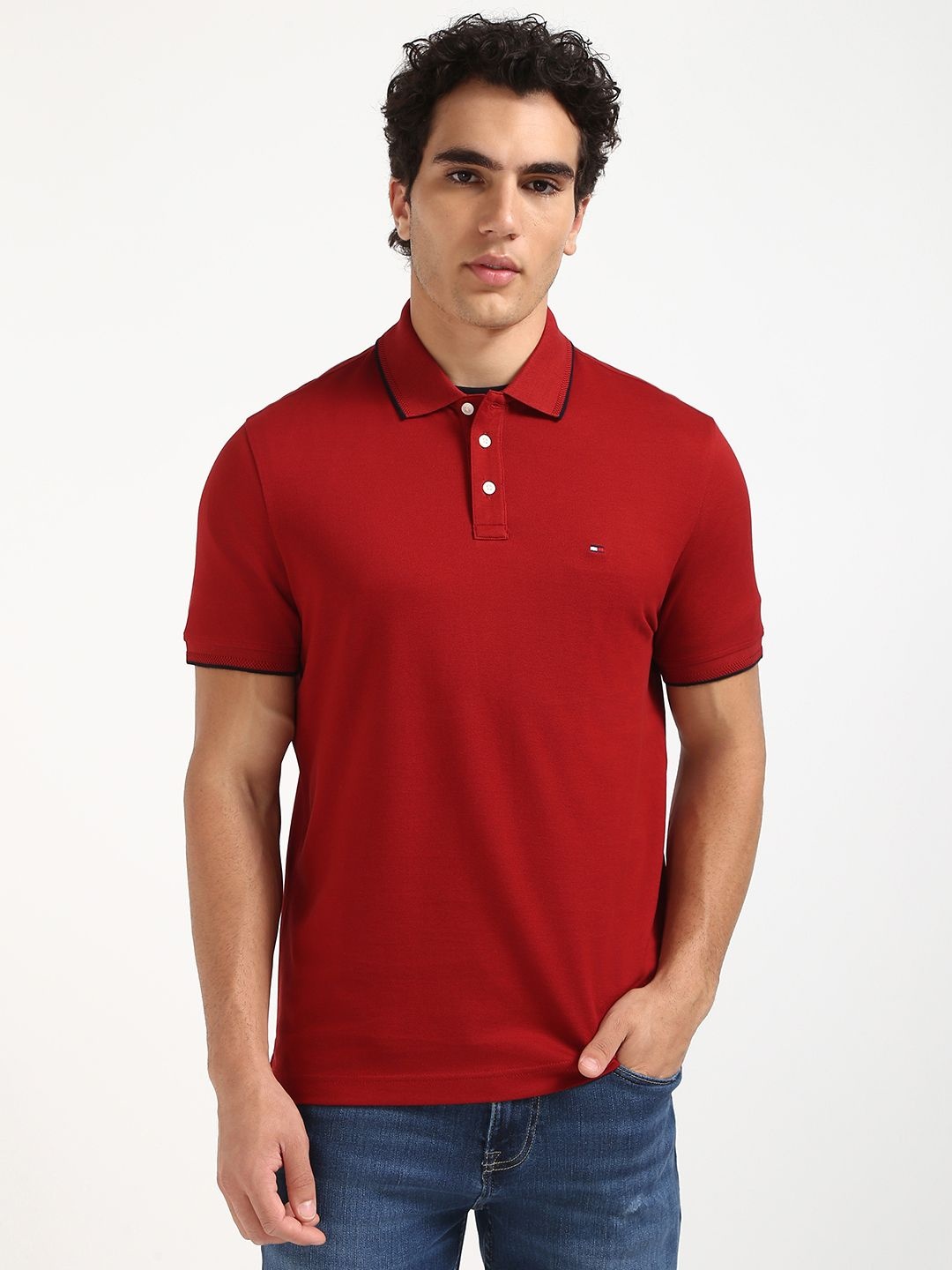 

Tommy Hilfiger Men Solid Polo Collar Cotton T-shirt, Red