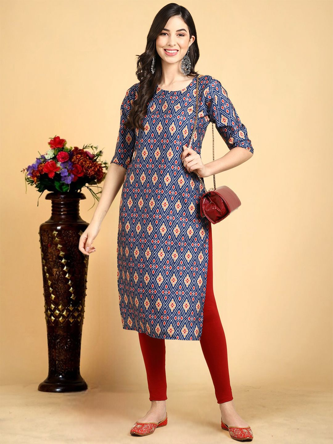 

7Threads Ethnic Motifs Printed Round Neck Straight Kurta, Blue