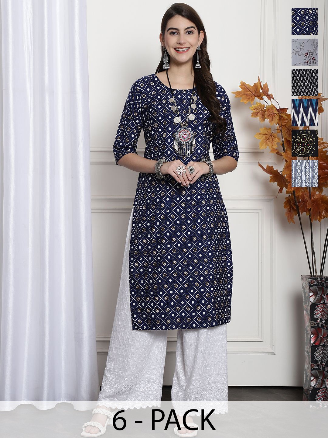 

7Threads Selections of 6 Floral Printed Round Neck Straight Kurtas, Blue