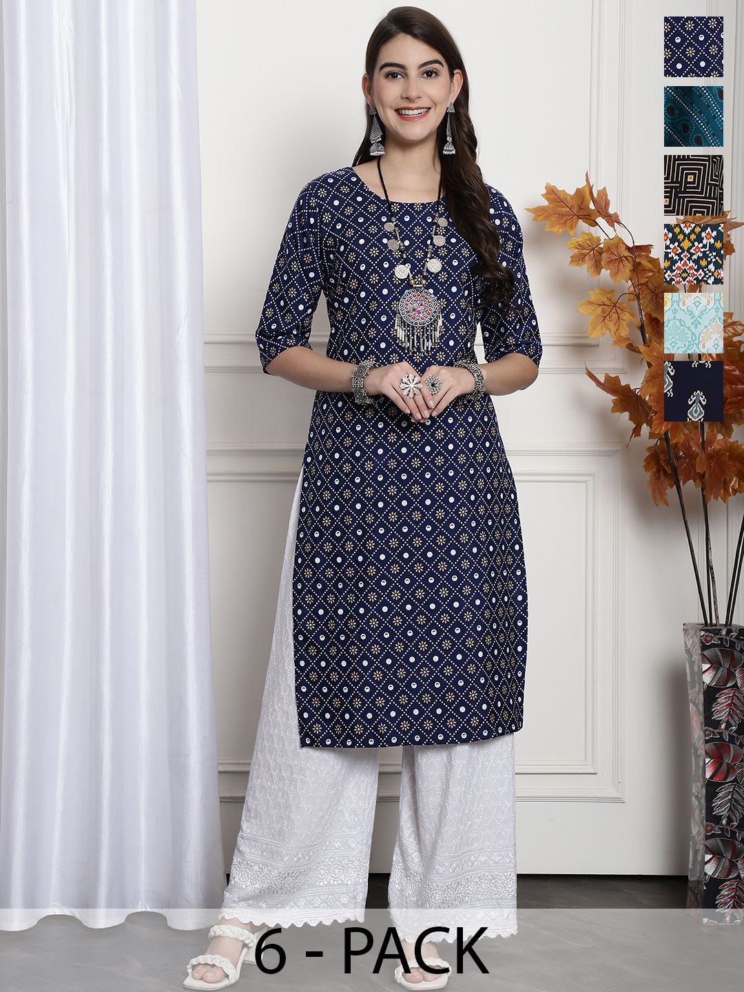 

7Threads Selections of 6 Floral Printed Round Neck Straight Kurtas, Blue