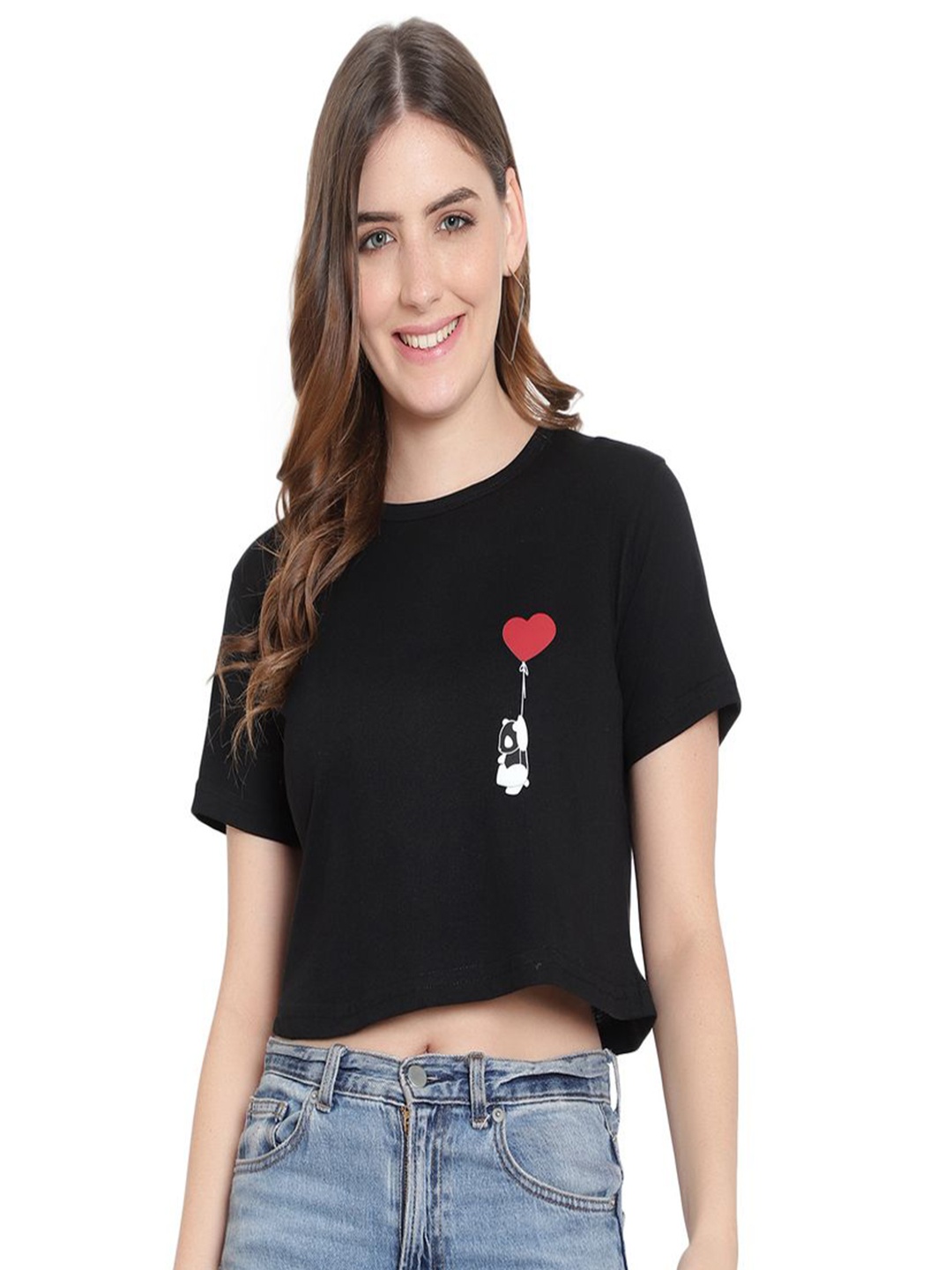 

DEEPMAYRA COLLECTION Women Graphic Printed Round Neck Cotton T-shirt, Black