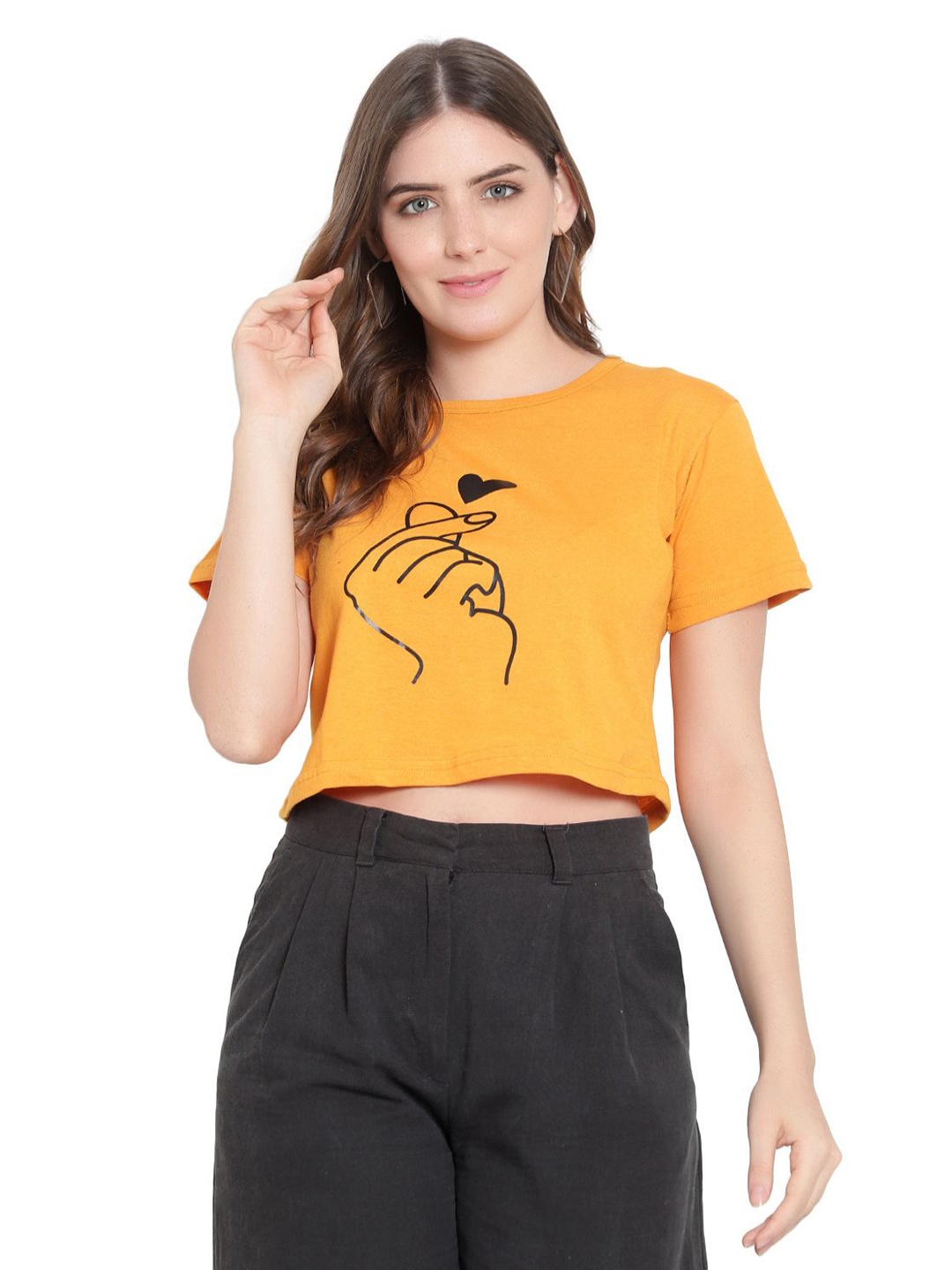 

DEEPMAYRA COLLECTION Women Graphic Printed Round Neck Cotton T-shirt, Mustard