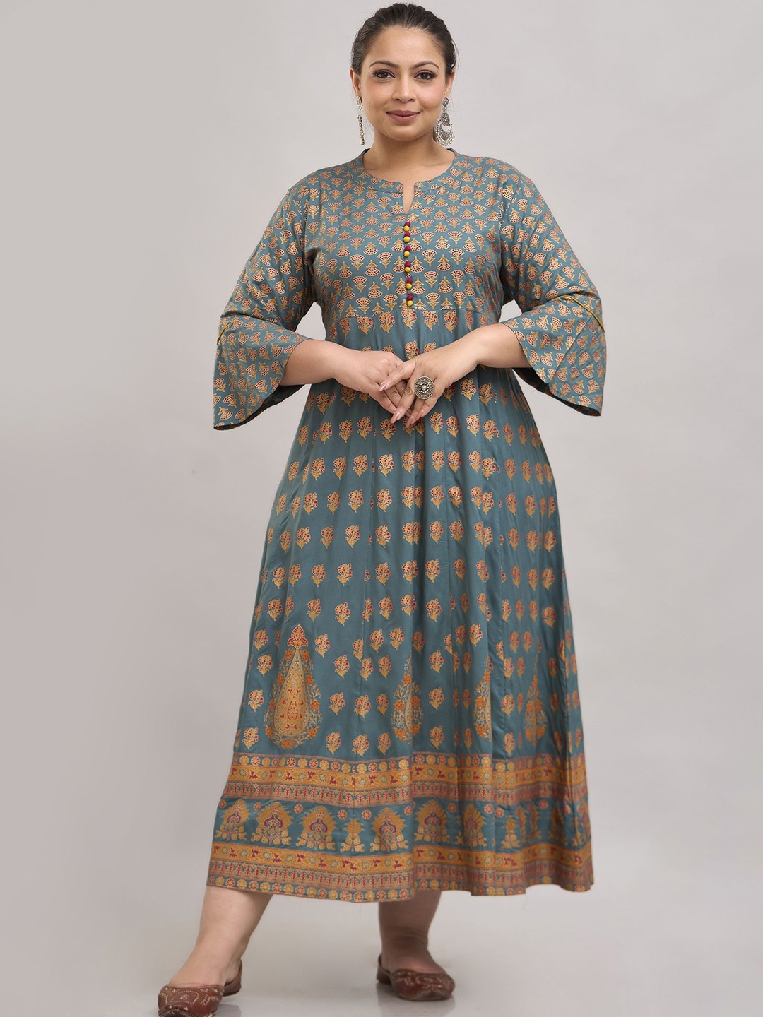 

Fashion Zest Women Floral Print Flared Sleeve Maxi Dress, Sea green