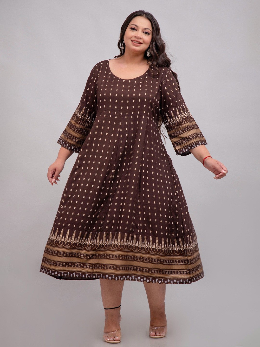 

Fashion Zest Women Floral Print Flared Sleeve Maxi Dress, Coffee brown