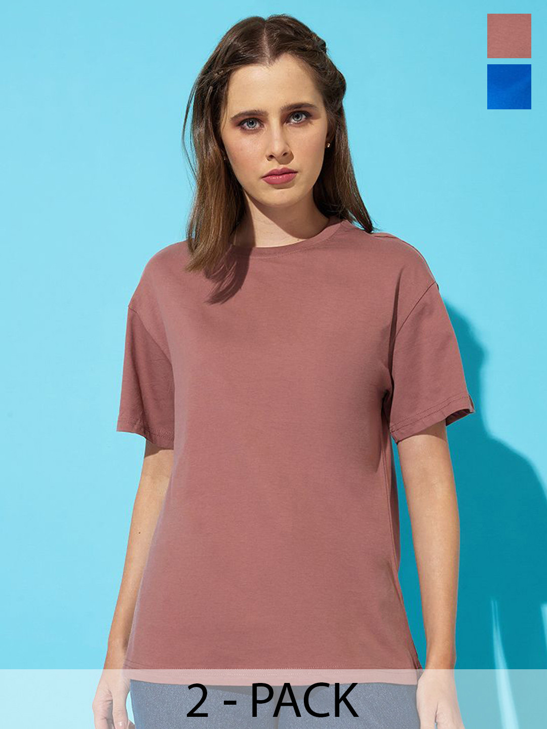 

The Roadster Lifestyle Co. Women Pack Of 2 Solid Round Neck Cotton Relaxed Fit T-shirts, Blue