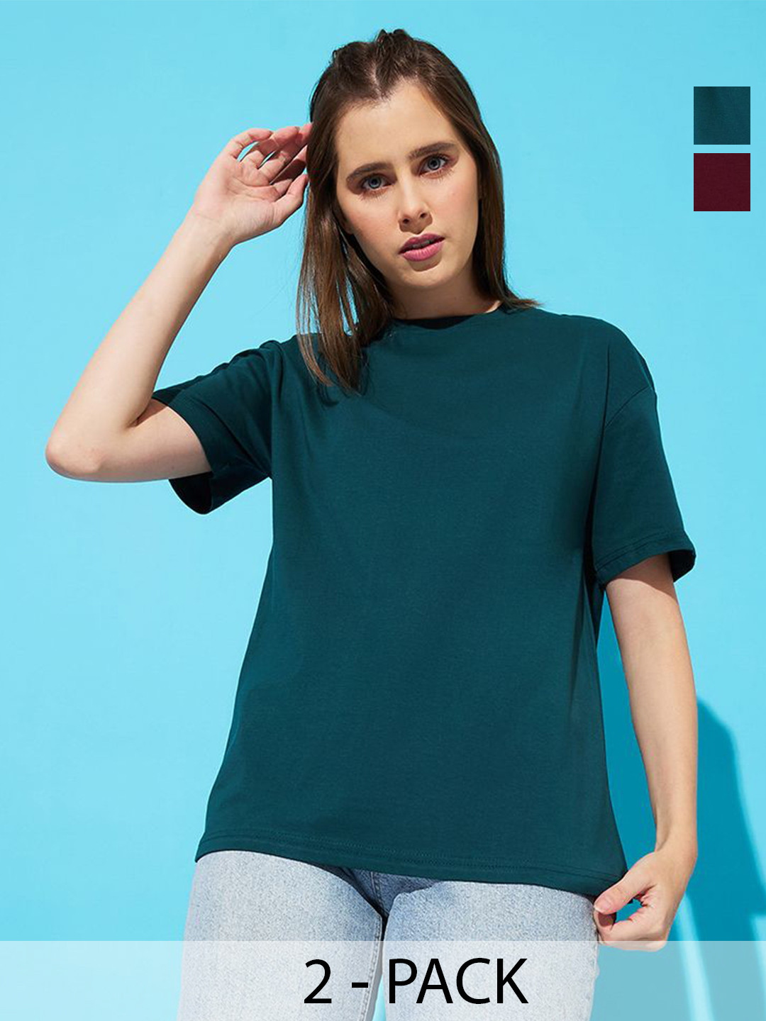 

The Roadster Lifestyle Co. Women Pack Of 2 Solid Round Neck Cotton Relaxed Fit T-shirts, Green