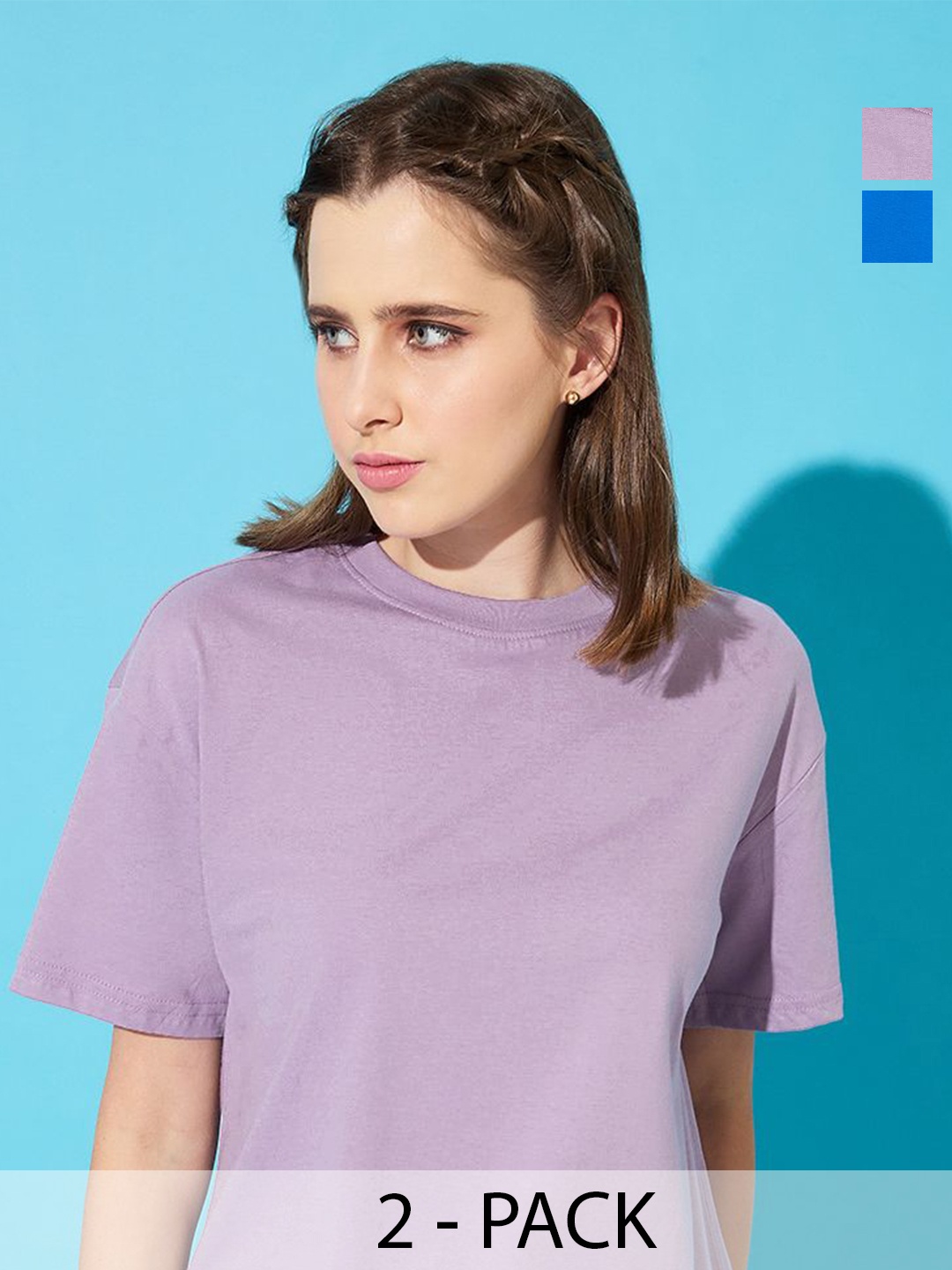 

The Roadster Lifestyle Co. Women Pack Of 2 Solid Round Neck Cotton Relaxed Fit T-shirts, Lavender
