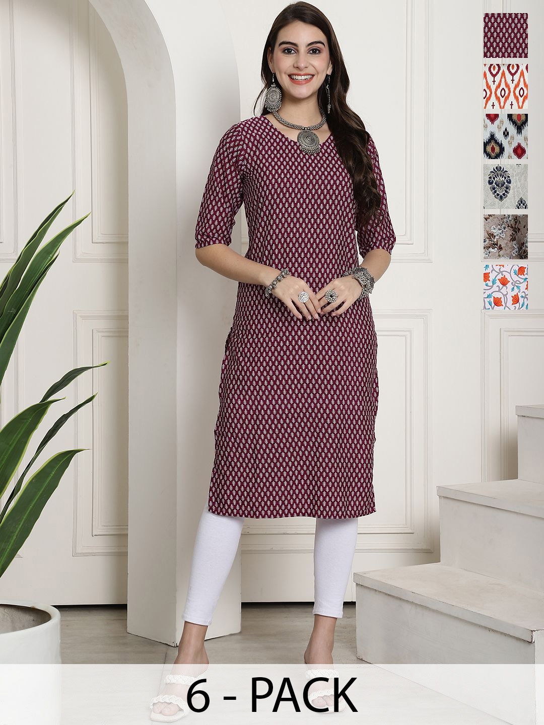 

7Threads Selection Of 6 Ethnic Motifs Printed Round Neck Straight Kurta, Beige