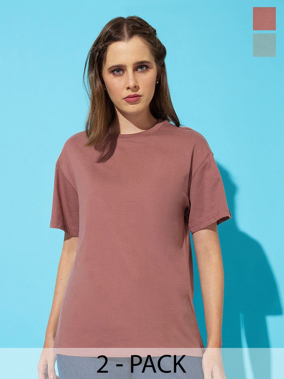 

The Roadster Lifestyle Co. Women Pack Of 2 Solid Round Neck Cotton Relaxed Fit T-shirts, Mauve