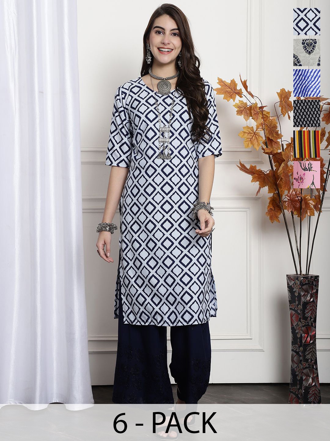 

7Threads Selection Of 6 Ethnic Motifs Printed Round Neck Straight Kurta, Blue
