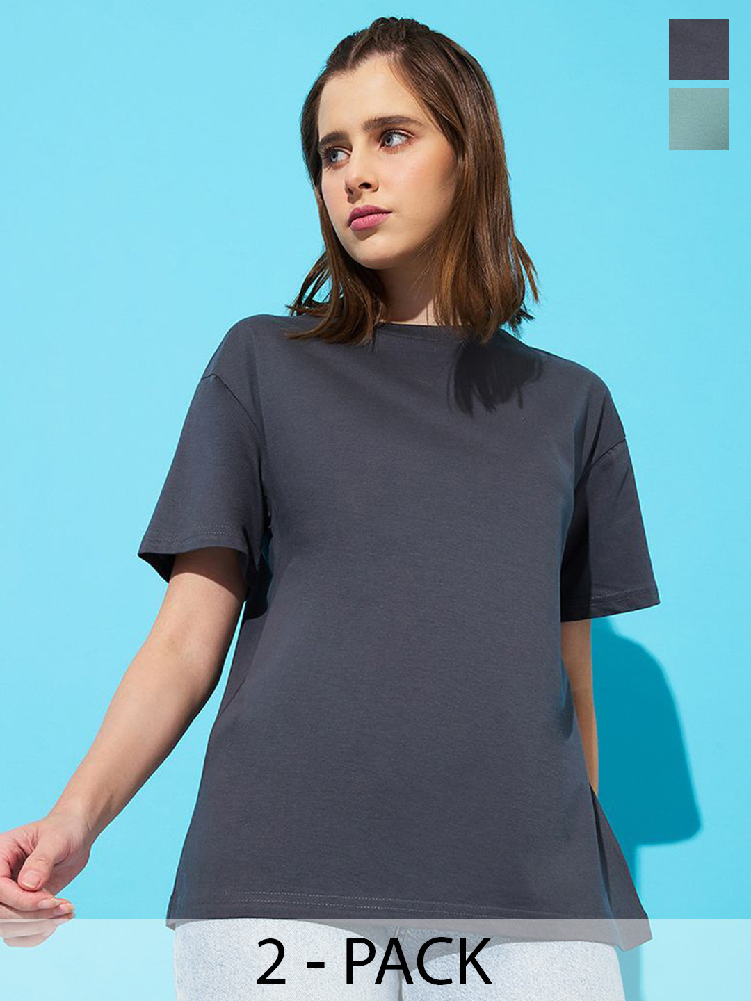 

The Roadster Lifestyle Co. Women Pack Of 2 Solid Round Neck Cotton Oversized T-shirts, Green