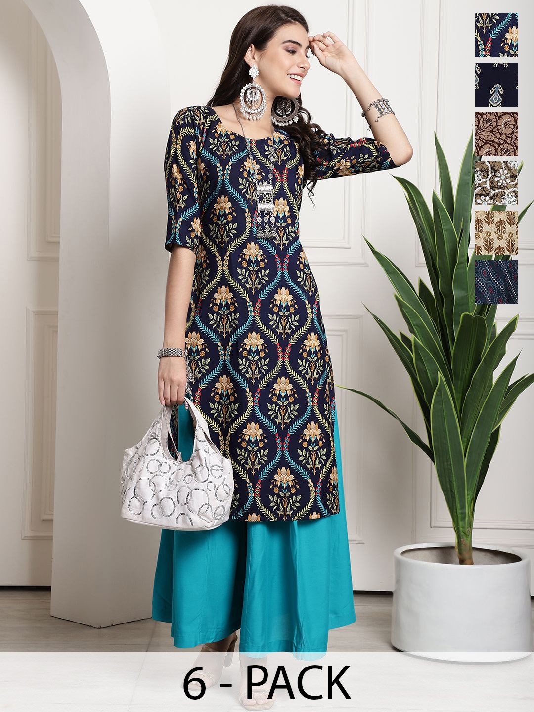 

7Threads Selection Of 6 Ethnic Motifs Printed Round Neck Straight Kurta, Blue