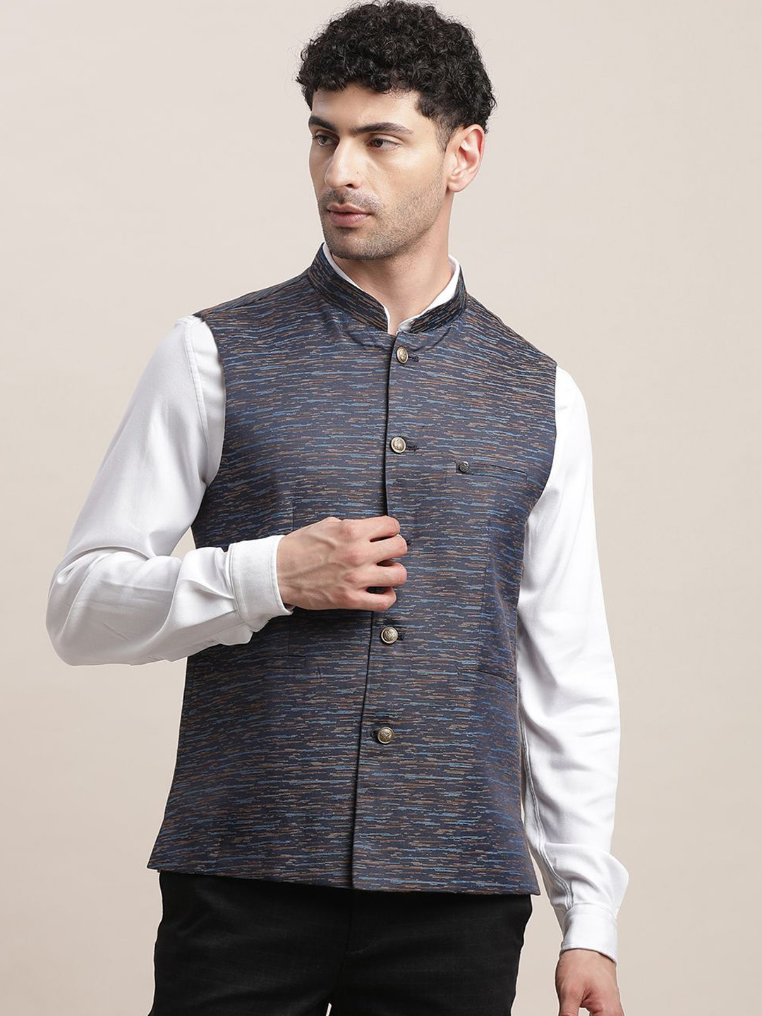 

Turtle Men Woven Design Slim-Fit Nehru Jacket, Blue