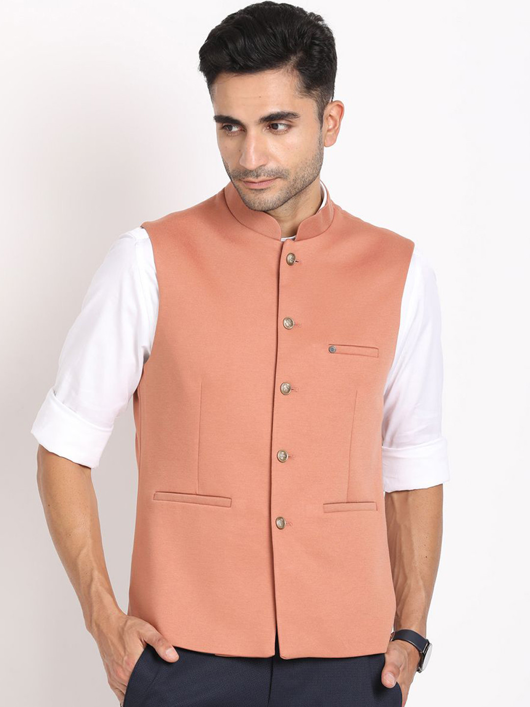 

Turtle Men Mandarin Collar Slim-Fit Woven Nehru Jacket, Pink