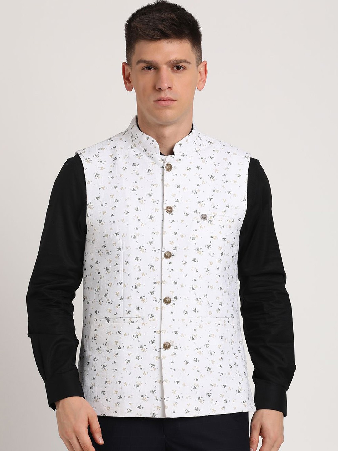 

Turtle Men Printed Slim-Fit Woven Nehru Jacket, White