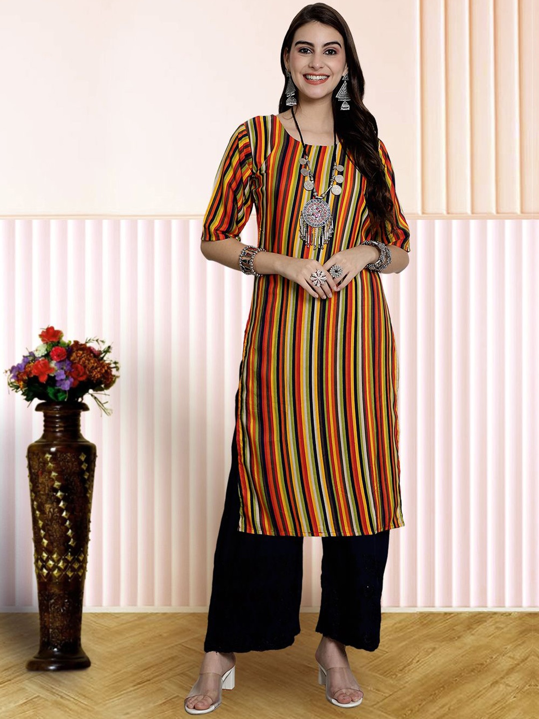 

7Threads Striped Round Neck Straight Kurta, Yellow