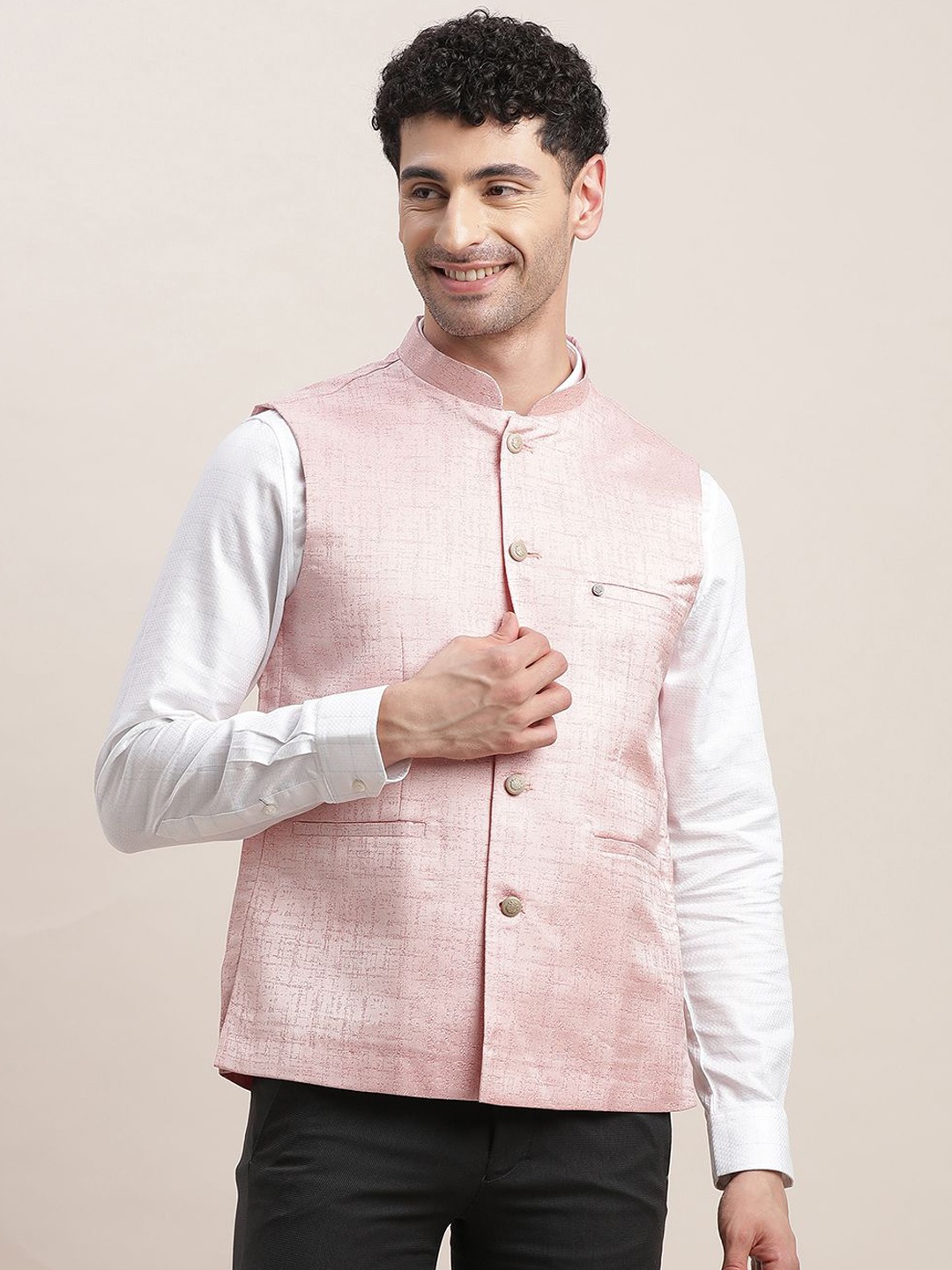 

Turtle Men Woven Design Slim-Fit Nehru Jacket, Pink