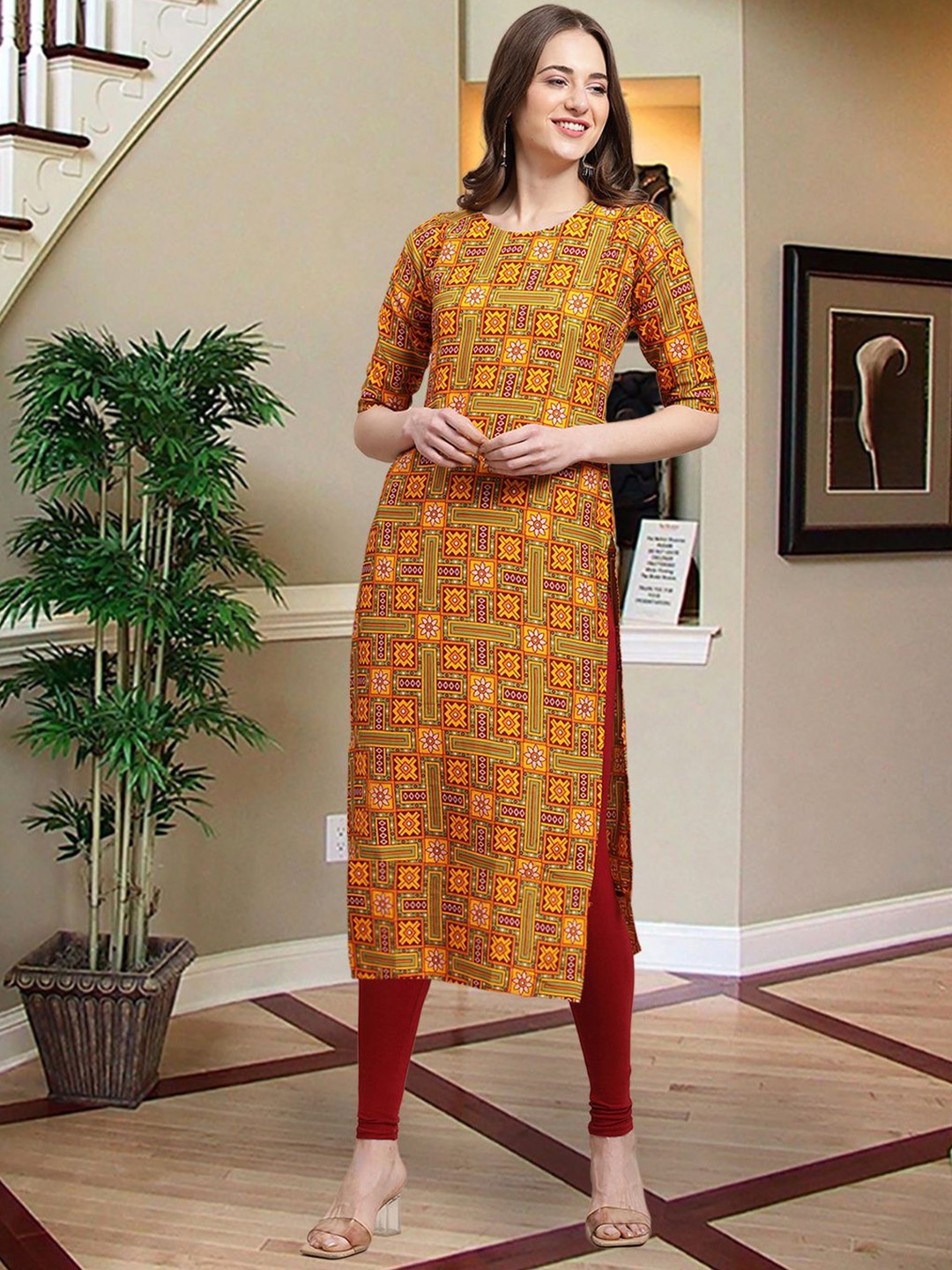 

7Threads Ethnic Motifs Printed Round Neck Straight Kurta, Mustard
