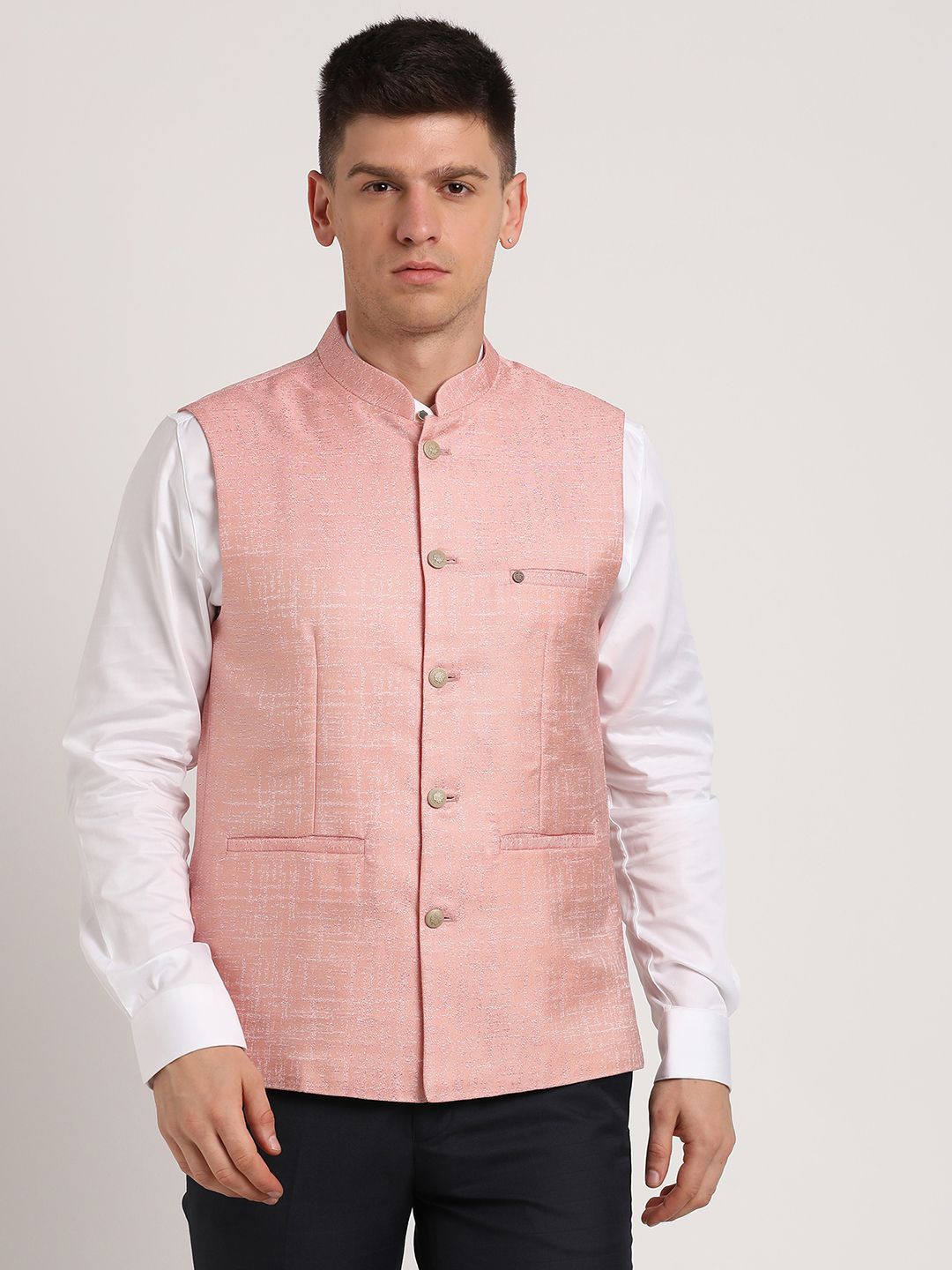 

Turtle Men Woven Design Slim-Fit Nehru Jacket, Pink