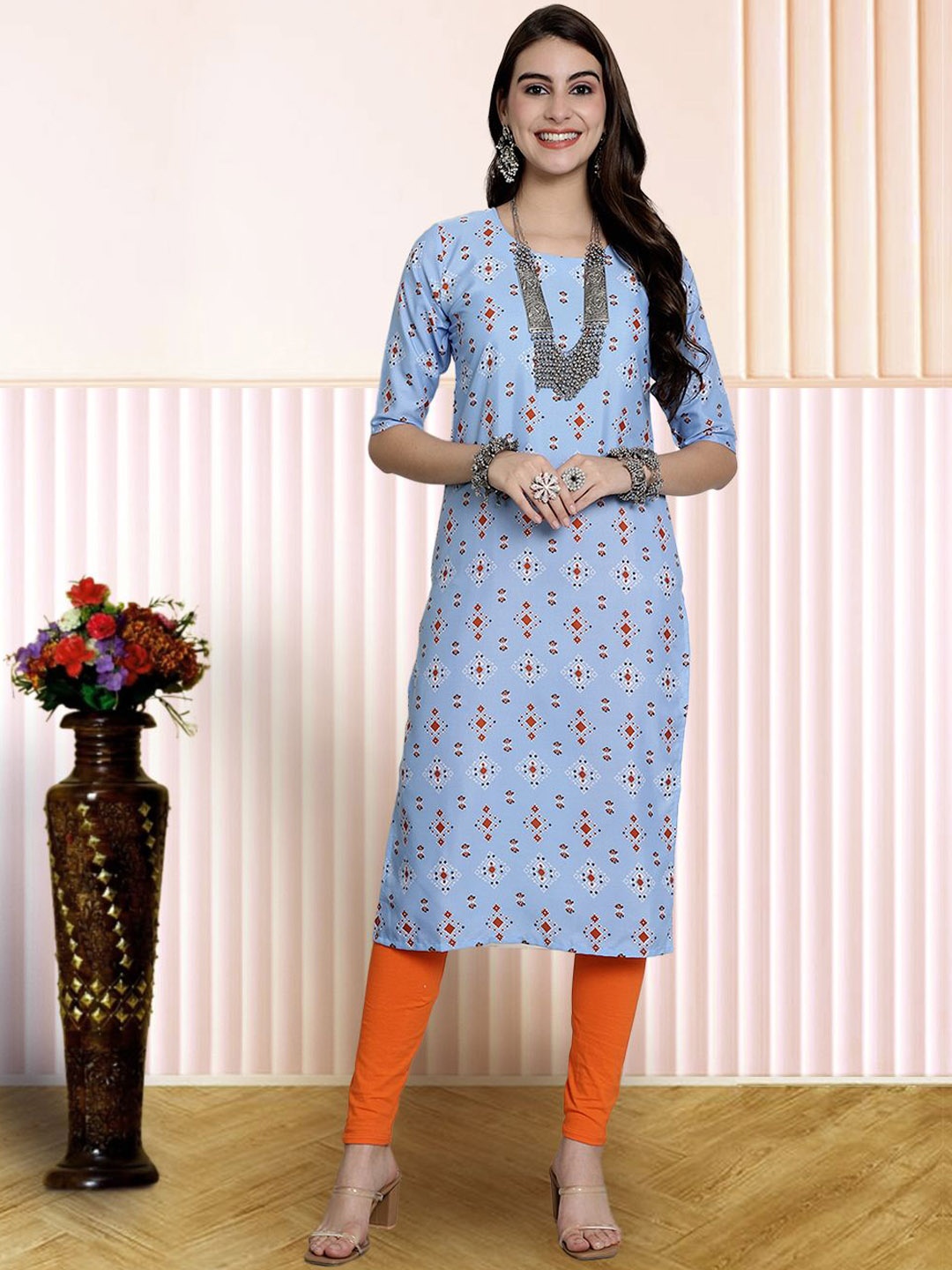 

7Threads Ethnic Motifs Printed Straight Kurta, Blue