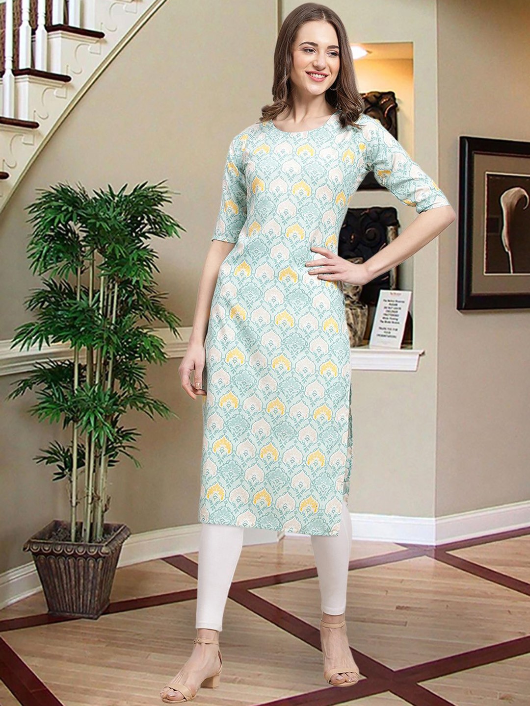 

7Threads Ethnic Motifs Printed Straight Kurta, Blue