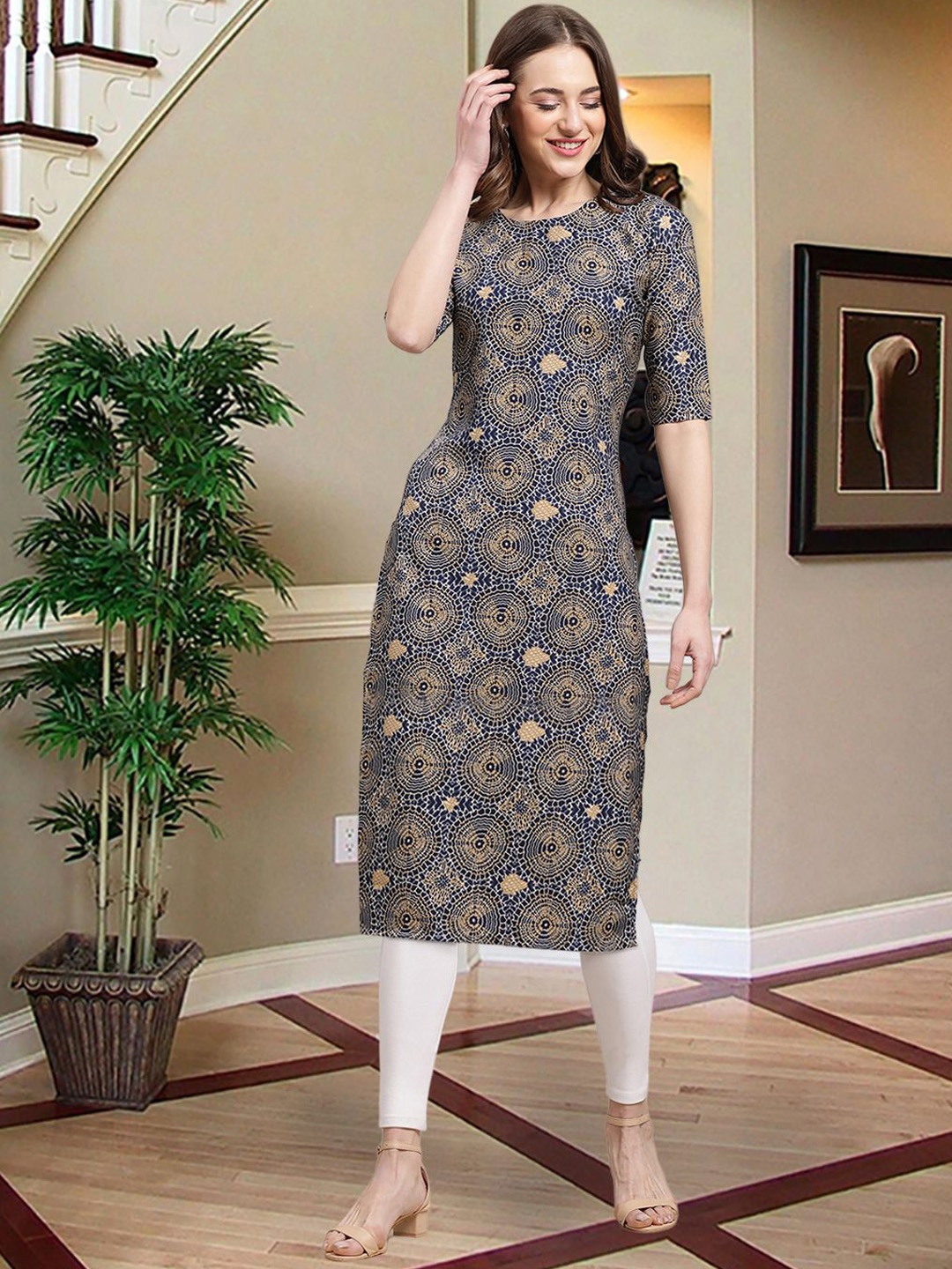 

7Threads Ethnic Motifs Printed Straight Kurta, Blue