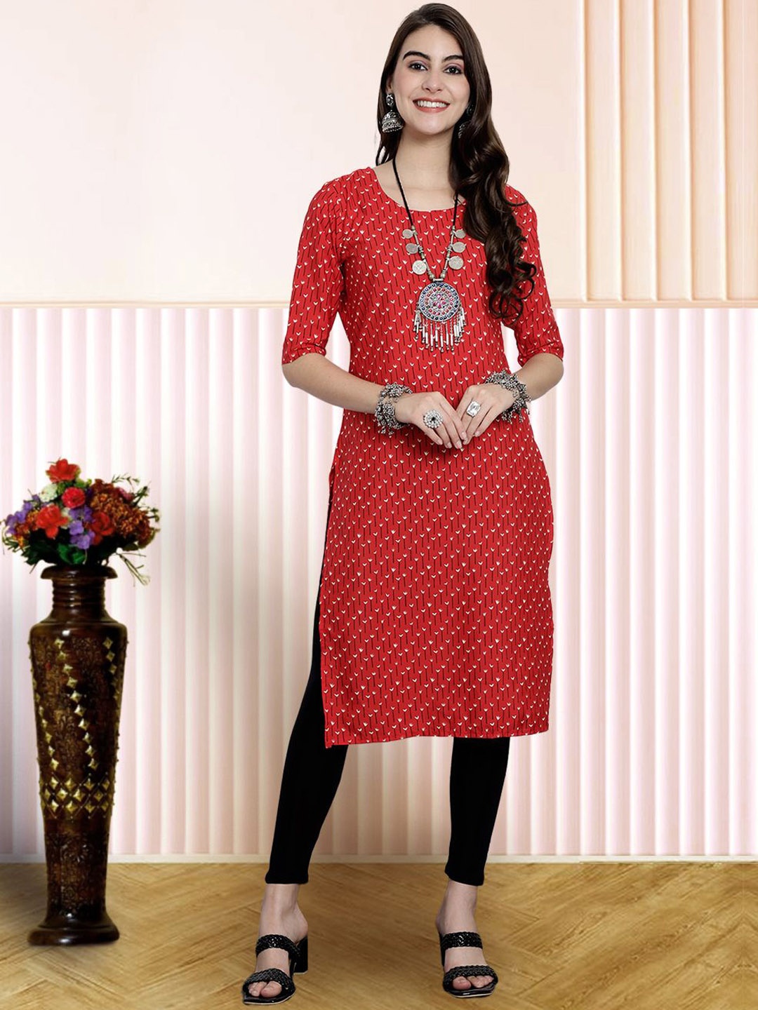 

7Threads Ethnic Motifs Printed Straight Kurta, Red