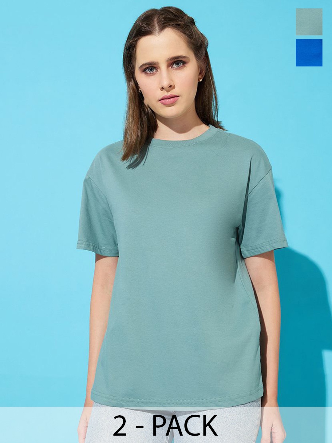 

The Roadster Lifestyle Co. Women Pack Of 2 Solid Round Neck Cotton Relaxed Fit T-shirts, Blue
