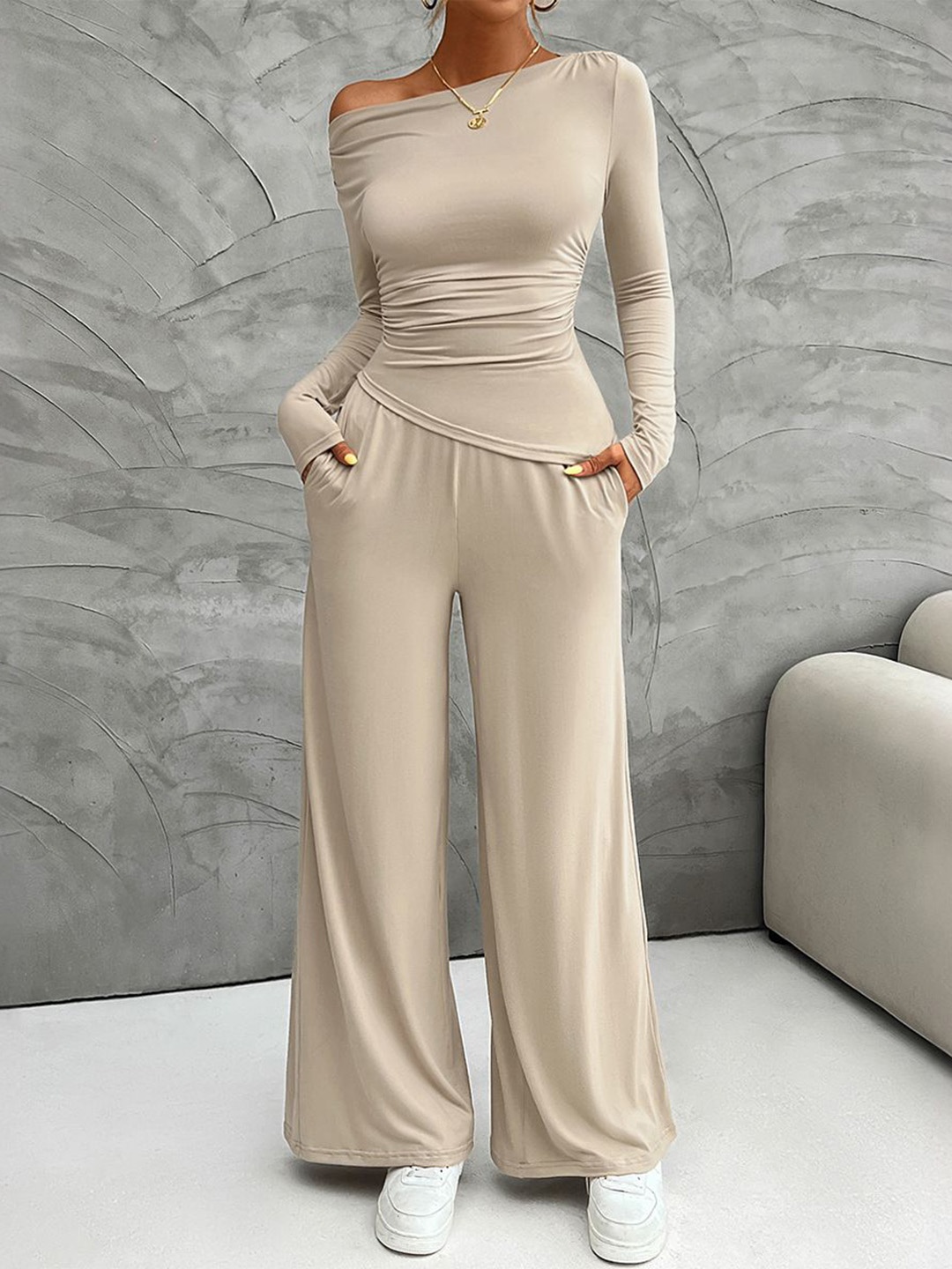 

StyleCast One Shoulder Top With Palazzo, Cream