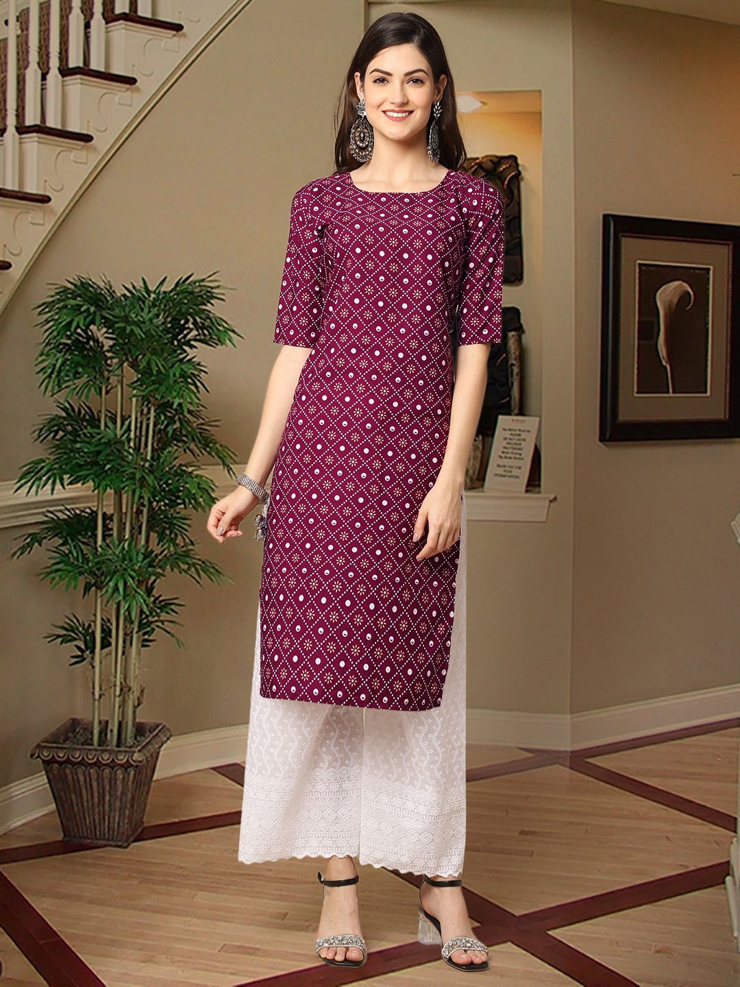 

7Threads Ethnic Motifs Printed Straight Kurta, Purple