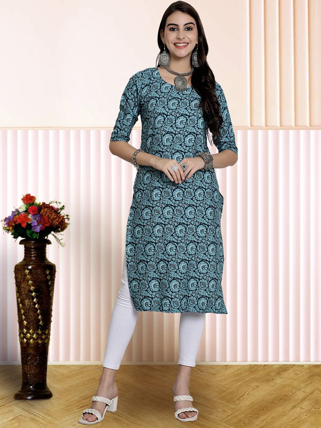 

7Threads Ethnic Motifs Printed Straight Kurta, Teal