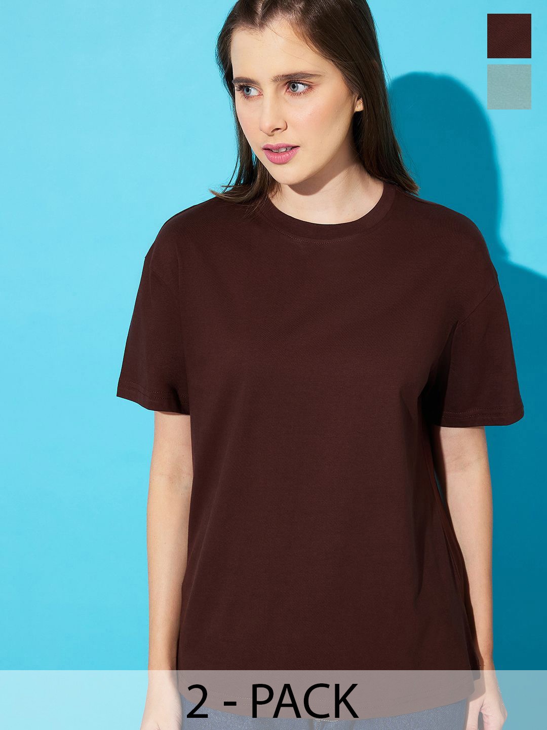 

The Roadster Lifestyle Co. Women Pack Of 2 Solid Round Neck Cotton Relaxed Fit T-shirts, Brown